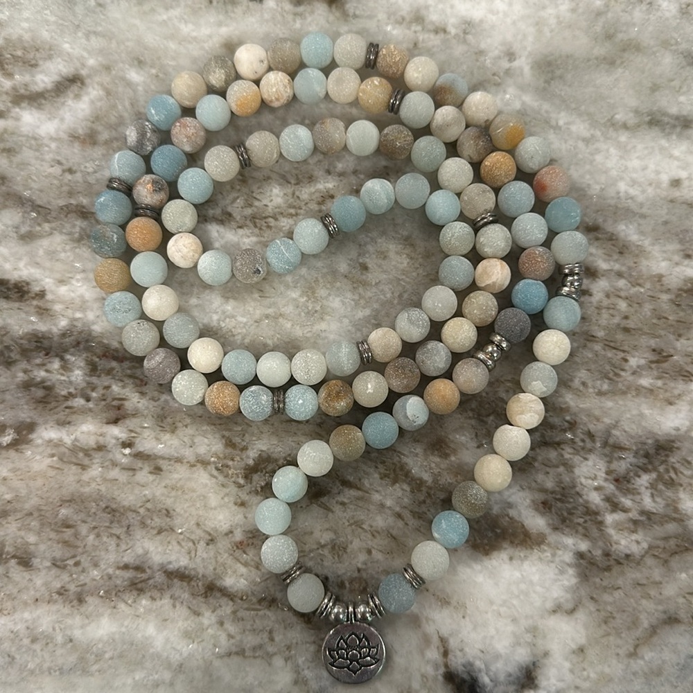108 Bead Amazonite Reiki Infused Mala Beads Necklace
